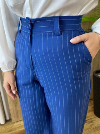 Calça Feminina Alfaiataria Pantalona Risca de Giz Azul - Fernanda Ramos Store