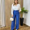 Calça Feminina Alfaiataria Pantalona Risca de Giz Azul - Fernanda Ramos Store