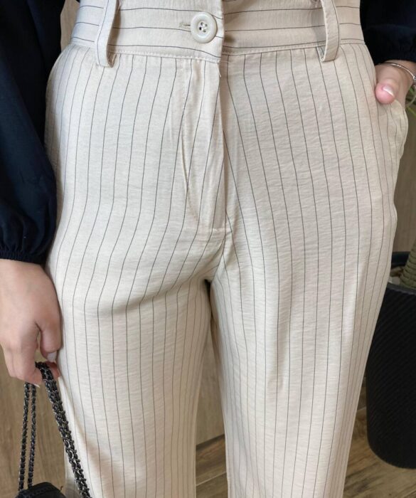 Calça Feminina Alfaiataria Pantalona Risca de Giz Bege - Fernanda Ramos Store