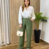 Calça Feminina Alfaiataria Pantalona Risca de Giz Verde - Fernanda Ramos Store