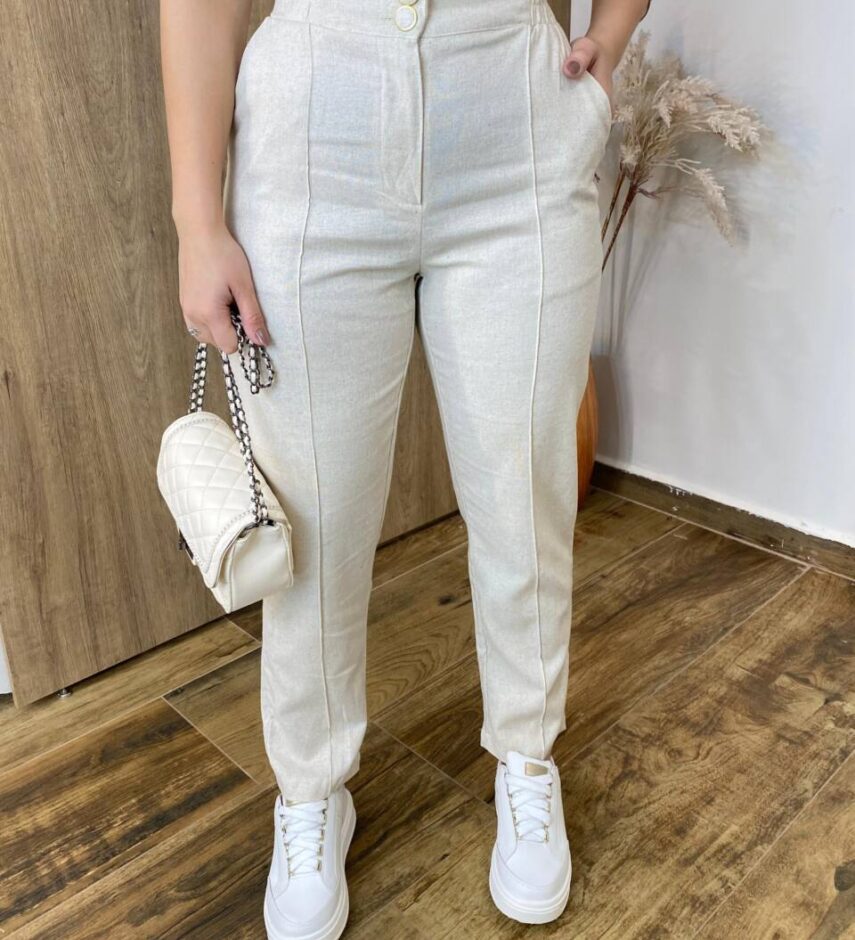 Calça Feminina Cecília Viscolinho Reta com 2 Botões Cru - Fernanda Ramos Store