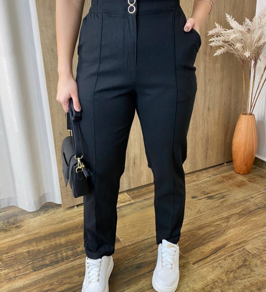 Calça Feminina Cecília Viscolinho Reta com 2 Botões Preta - Fernanda Ramos Store