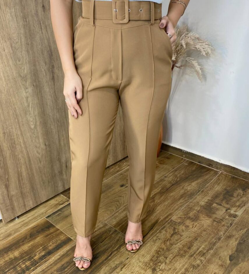 Calça Feminina Laísa Alfaiataria Reta Bege com Cinto - Fernanda Ramos Store