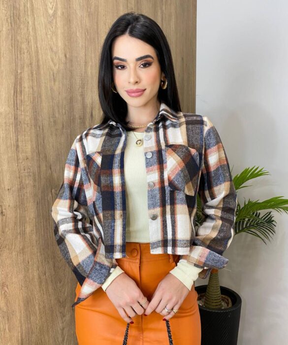 Camisa Cropped Feminina Bia Manga Longa Flanelada Xadrez - Fernanda Ramos Store