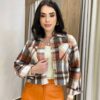 Camisa Cropped Feminina Bia Manga Longa Flanelada Xadrez Terracota - Fernanda Ramos Store