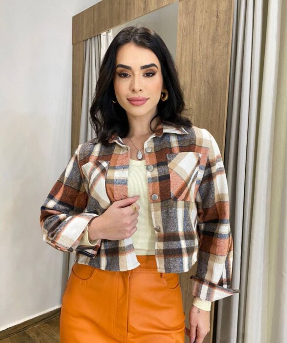 Camisa Cropped Feminina Bia Manga Longa Flanelada Xadrez Terracota - Fernanda Ramos Store