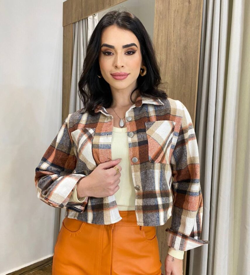 Camisa Cropped Feminina Bia Manga Longa Flanelada Xadrez Terracota - Fernanda Ramos Store