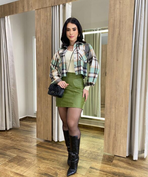 Camisa Cropped Feminina Bia Manga Longa Flanelada Xadrez Verde - Fernanda Ramos Store