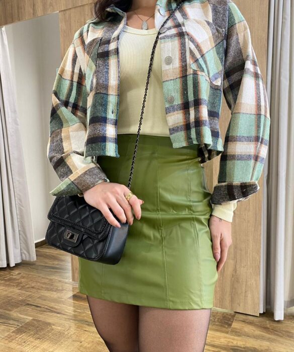 Camisa Cropped Feminina Bia Manga Longa Flanelada Xadrez Verde - Fernanda Ramos Store