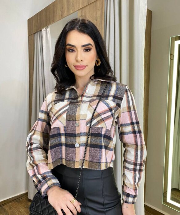 Camisa Cropped Feminina Bia Manga Longa Flanelada Xadrez Rosa - Fernanda Ramos Store