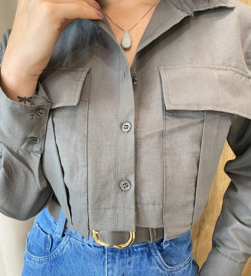 Camisa Cropped Feminino Bia sem Bojo Manga Longa Cinza - Fernanda Ramos Store