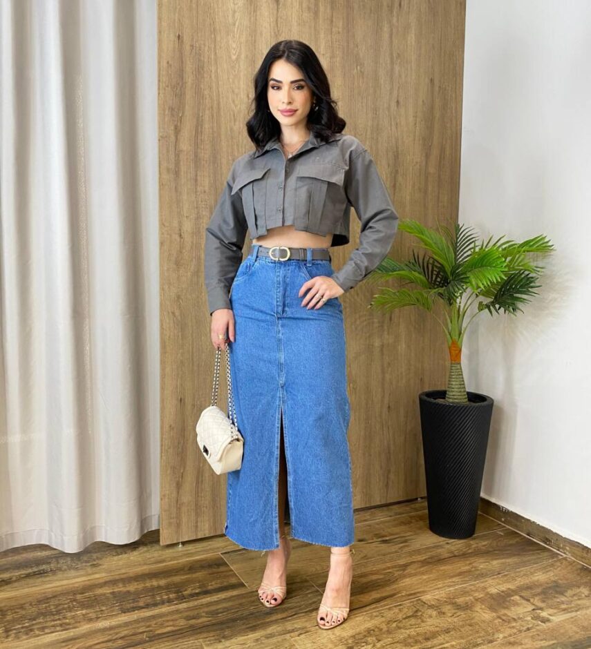 Camisa Cropped Feminino Bia sem Bojo Manga Longa Cinza - Fernanda Ramos Store