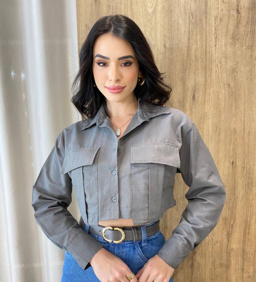 Camisa Cropped Feminino Bia sem Bojo Manga Longa Cinza - Fernanda Ramos Store