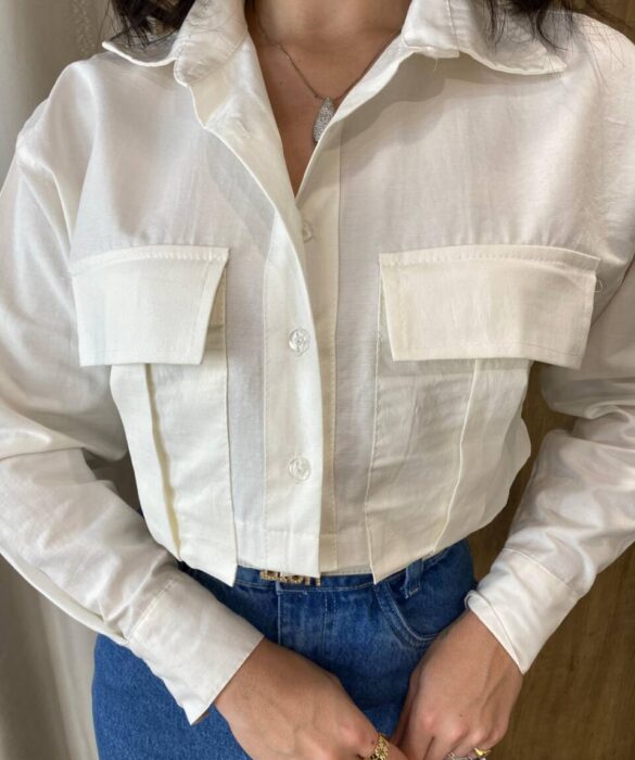 Camisa Cropped Feminino Bia sem Bojo Manga Longa Off White - Fernanda Ramos Store