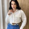 Camisa Cropped Feminino Bia sem Bojo Manga Longa Off White - Fernanda Ramos Store