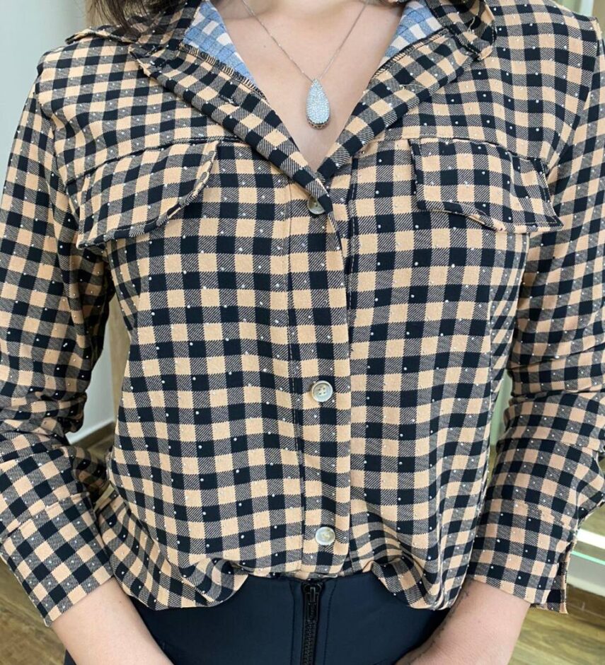 Camisa Feminina Betina Manga Longa Xadrez Bege - Fernanda Ramos Store