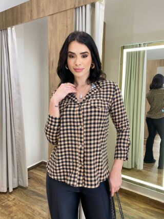 Camisa Feminina Betina Manga Longa Xadrez Bege - Fernanda Ramos Store