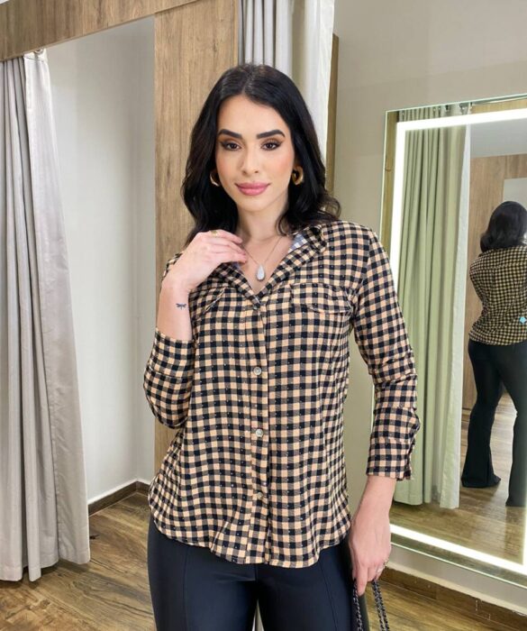 Camisa Feminina Betina Manga Longa Xadrez Bege - Fernanda Ramos Store