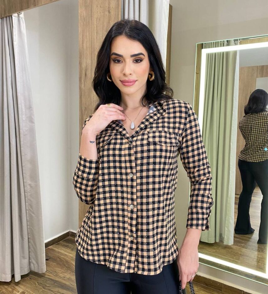 Camisa Feminina Betina Manga Longa Xadrez Bege - Fernanda Ramos Store