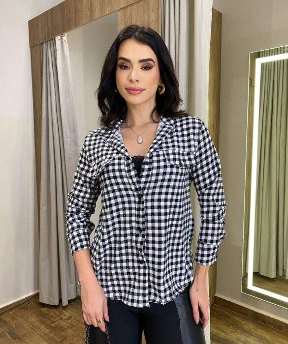 Camisa Feminina Betina Manga Longa Xadrez Preto - Fernanda Ramos Store