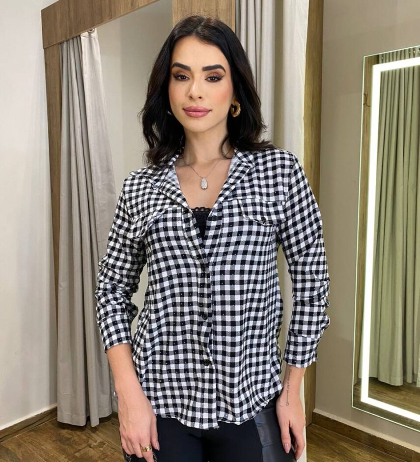 Camisa Feminina Betina Manga Longa Xadrez Preto - Fernanda Ramos Store