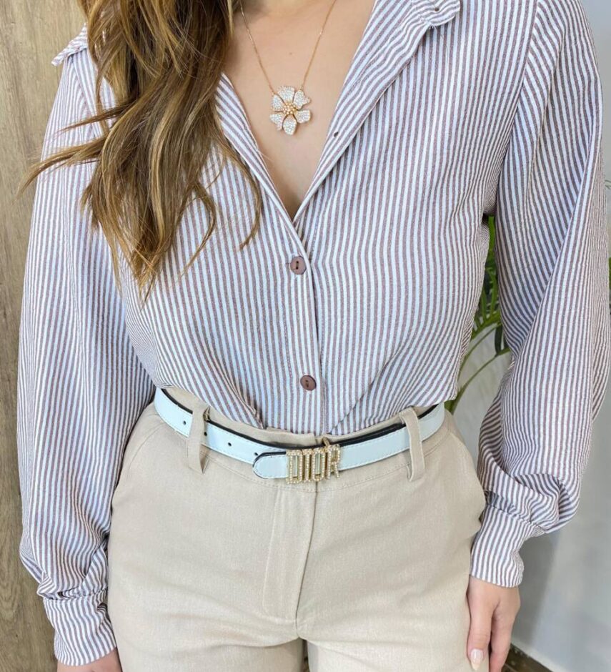 Camisa Feminina Crepe Manga Longa Sophia Listrada de Marrom - Fernanda Ramos Store