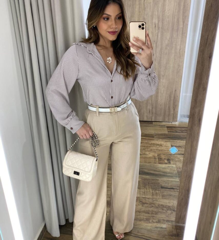 Camisa Feminina Crepe Manga Longa Sophia Listrada de Marrom - Fernanda Ramos Store