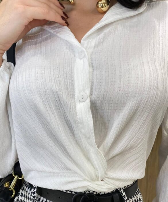 Camisa Feminina Laísa Crepe Manga Longa Branca com Detalhe de Nó - Fernanda Ramos Store