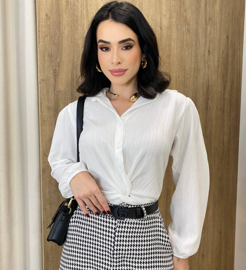 Camisa Feminina Laísa Crepe Manga Longa Branca com Detalhe de Nó - Fernanda Ramos Store