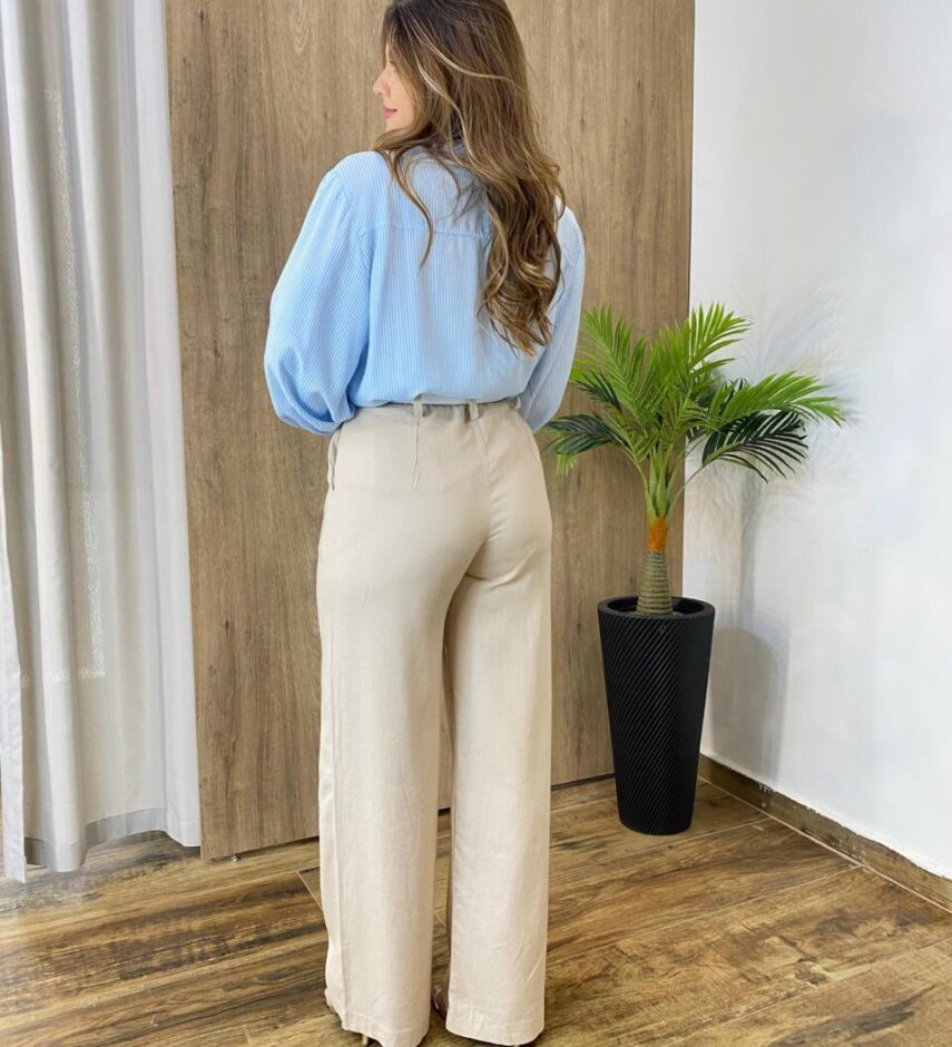 Camisa Feminina Manga Longa Eloá Viscolinho Listrada de Azul - Fernanda Ramos Store