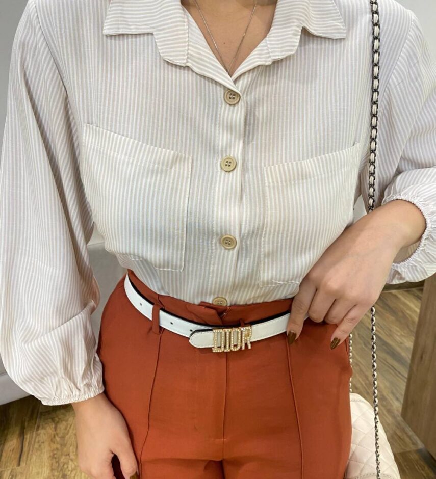 Camisa Feminina Manga Longa Eloá Viscolinho Listrada de Bege - Fernanda Ramos Store