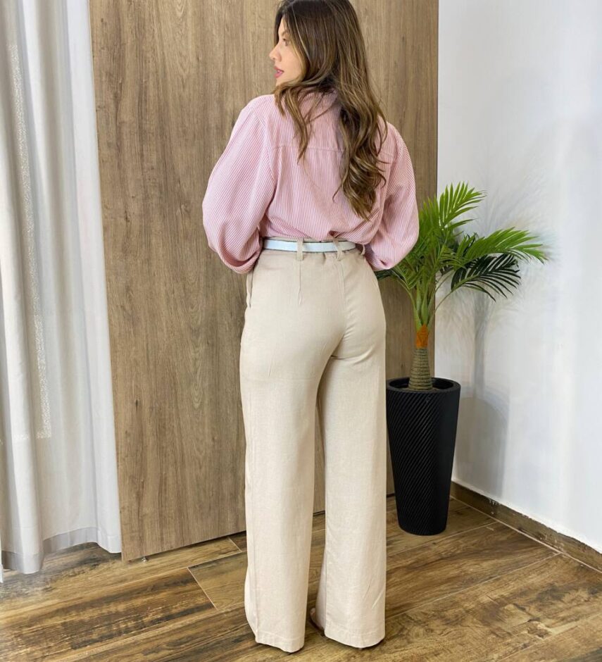 Camisa Feminina Manga Longa Eloá Viscolinho Listrada de Rosé - Fernanda Ramos Store
