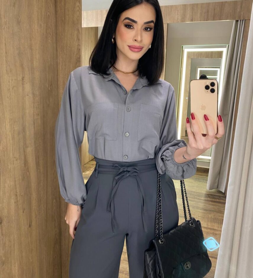 Camisa Feminina Manga Longa Isabella Cinza - Fernanda Ramos Store