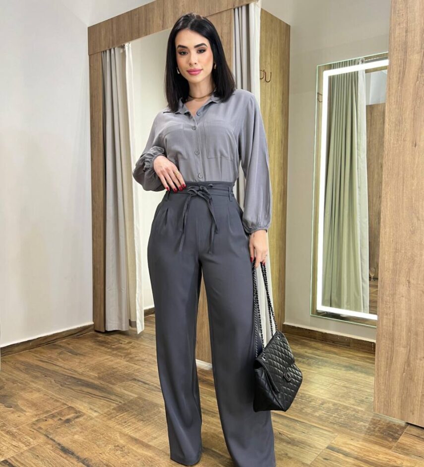 Camisa Feminina Manga Longa Isabella Cinza - Fernanda Ramos Store