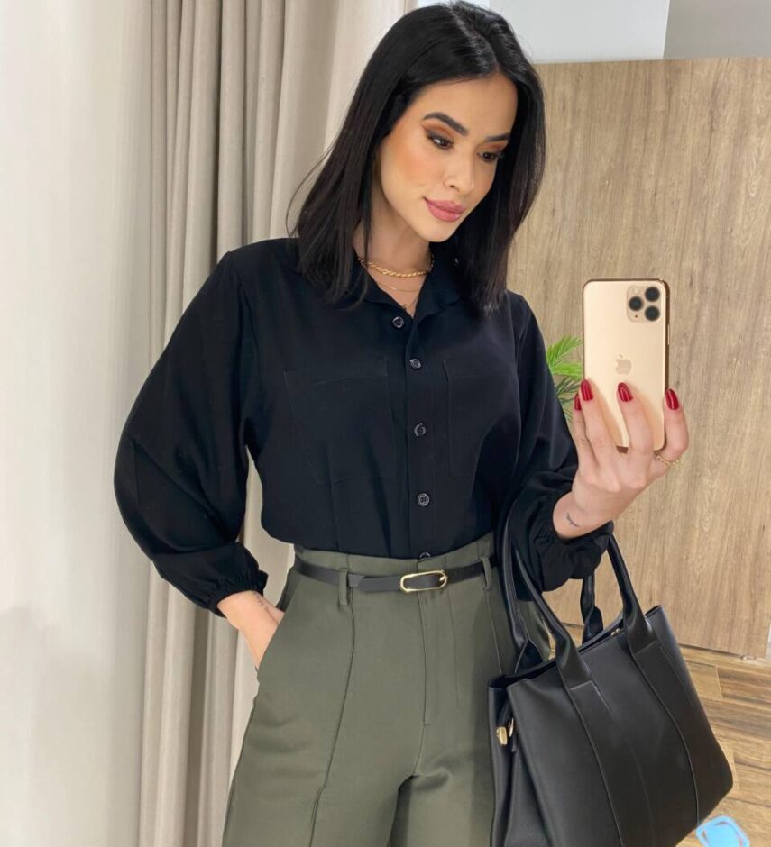 Camisa Feminina Manga Longa Isabella Preta - Fernanda Ramos Store
