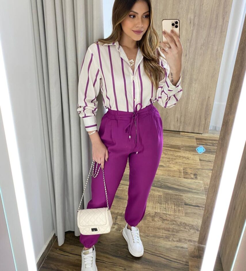 Camisa Feminina Manga Longa Listras Fúcsia - Fernanda Ramos Store
