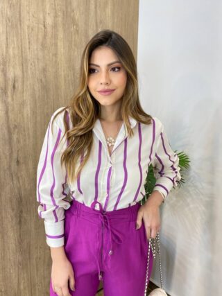 Camisa Feminina Manga Longa Listras Fúcsia - Fernanda Ramos Store