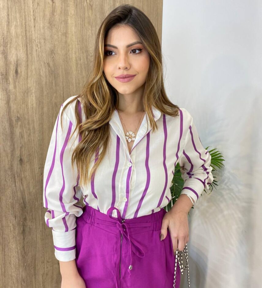Camisa Feminina Manga Longa Listras Fúcsia - Fernanda Ramos Store