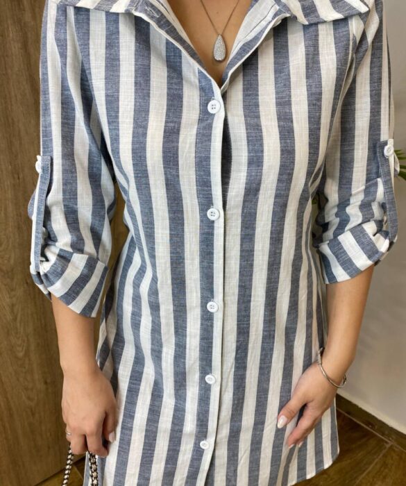 Chemise Feminino Manga Longa Emilly Listrado de Azul - Fernanda Ramos Store