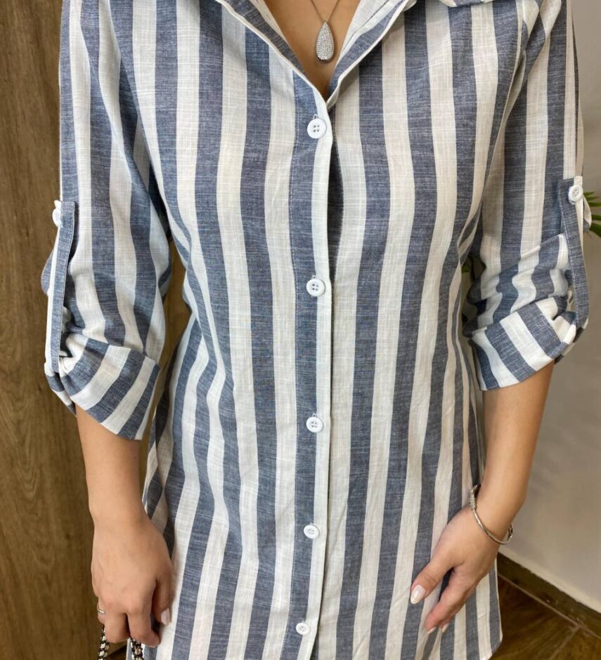 Chemise Feminino Manga Longa Emilly Listrado de Azul - Fernanda Ramos Store