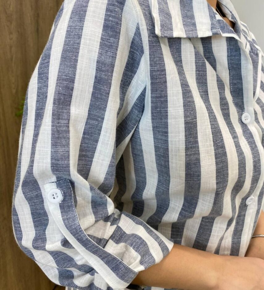 Chemise Feminino Manga Longa Emilly Listrado de Azul - Fernanda Ramos Store