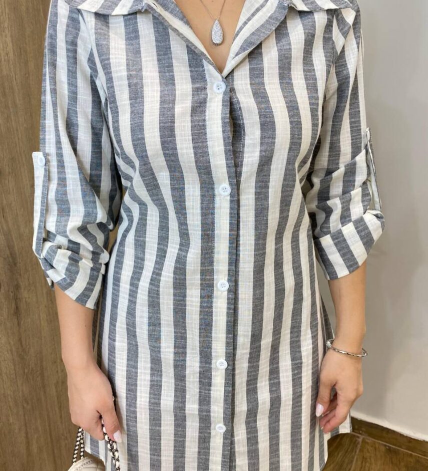 Chemise Feminino Manga Longa Emilly Listrado de Cinza - Fernanda Ramos Store