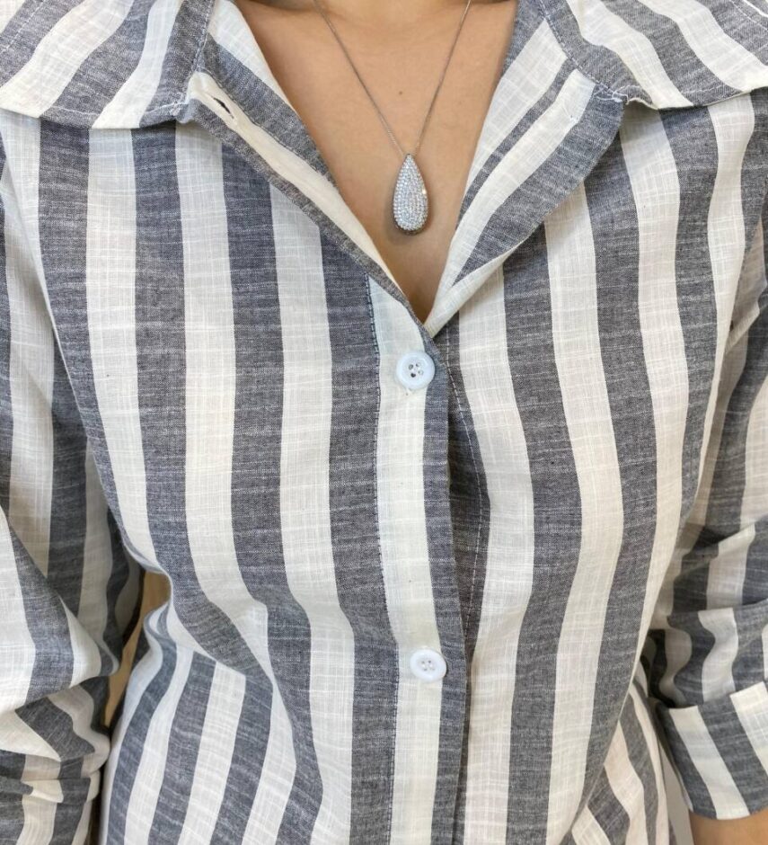 Chemise Feminino Manga Longa Emilly Listrado de Cinza - Fernanda Ramos Store