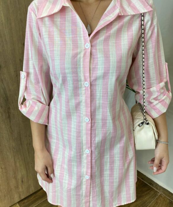 Chemise Feminino Manga Longa Emilly Listrado de Rosa - Fernanda Ramos Store