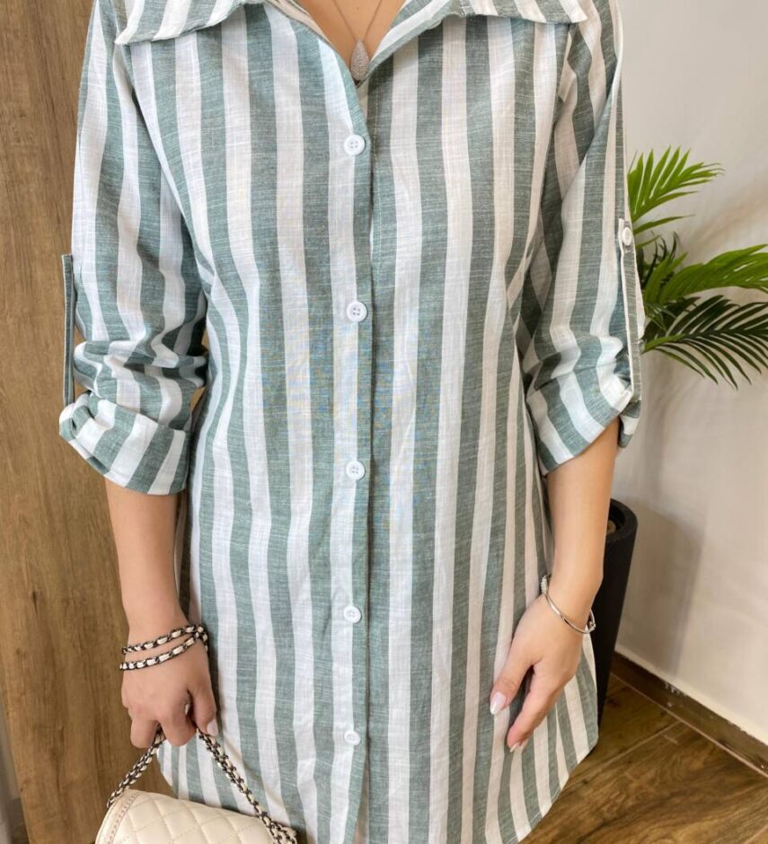 Chemise Feminino Manga Longa Emilly Listrado de Verde - Fernanda Ramos Store