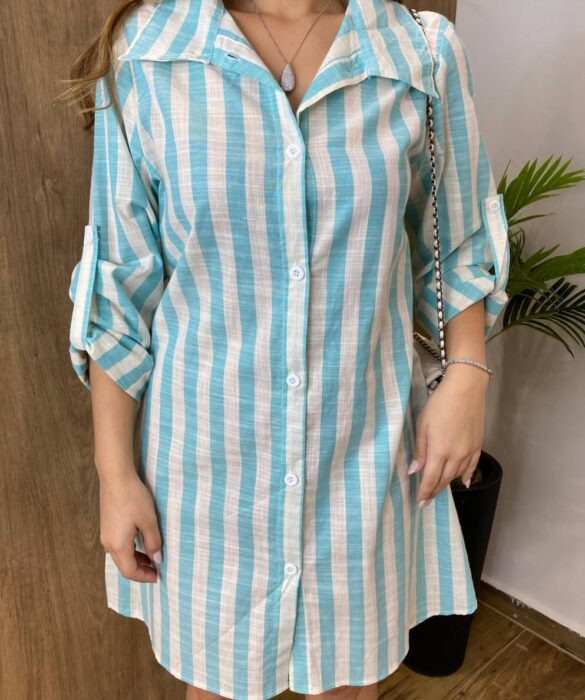 Chemise Feminino Manga Longa Emilly Listrado de Verde Água - Fernanda Ramos Store