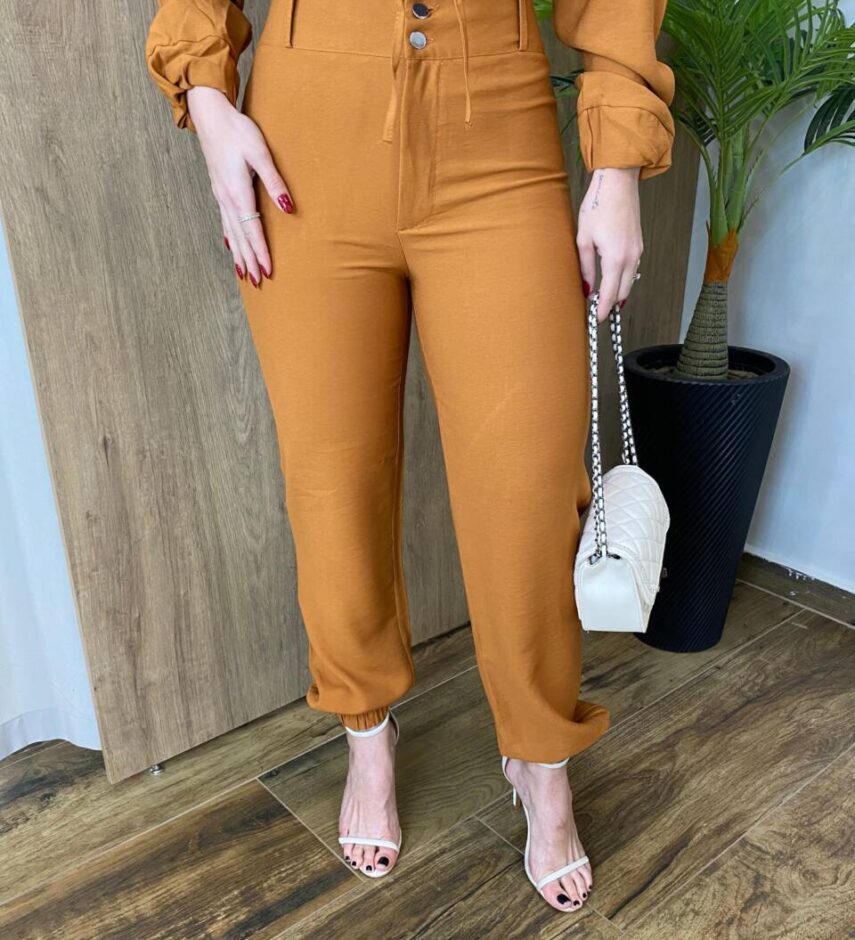 Conjunto Alfaiataria Feminino Cropped Manga Longa e Calça Caramelo - Fernanda Ramos Store