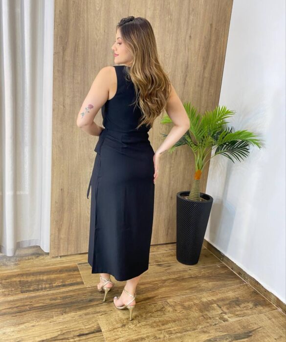 Conjunto Feminino Alice Cropped e Saia Midi Preto com Amarração - Fernanda Ramos Store