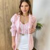 Conjunto Feminino Cropped com Bojo e Camisa Listrada de Rosa - Fernanda Ramos Store