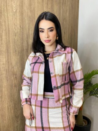 Conjunto Feminino Flanelado Beatriz Cropped e Saia Xadrez Lilás - Fernanda Ramos Store